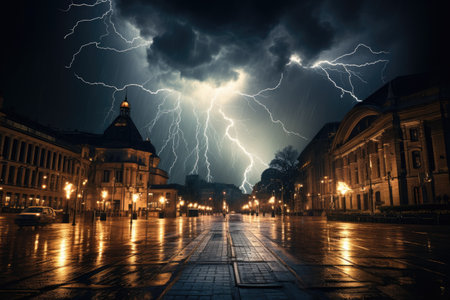 Image of thunderstorm and overcast skies in the city center by Generative AI.の素材