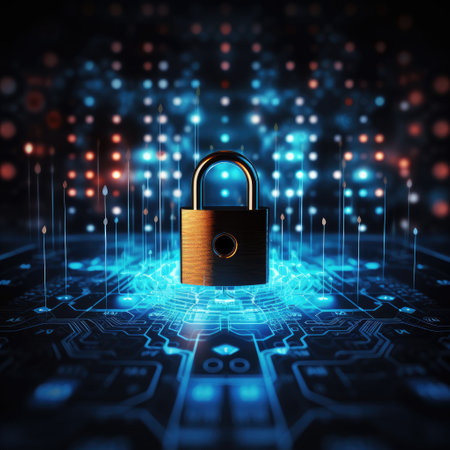 Cybersecurity and data concept, lock, binary digits, key background, orange and dark , modern, high quality, technology by Generative AIの素材
