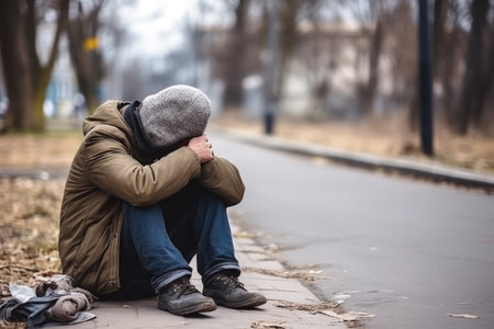 A homeless person covers his face and wears a torn hat. Ragged, dirty, sitting on the side of the road in the capital.by Generative AIの素材