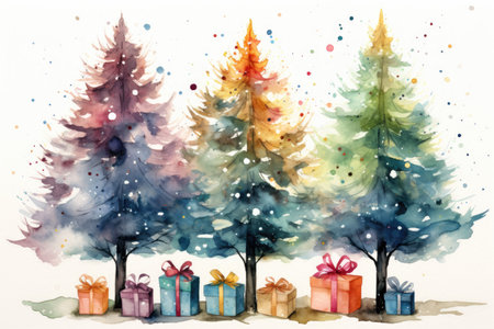 Adorable watercolor gnomes gather around the Christmas tree, exchanging gift in the cool Arctic atmosphere. Full color, textured knitted illustrations, suitable for nursery art by Generative AIの素材