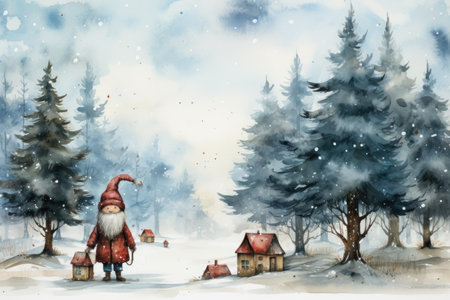 Adorable watercolor gnomes gather around the Christmas tree, exchanging gift in the cool Arctic atmosphere. Full color, textured knitted illustrations, suitable for nursery art by Generative AIの素材