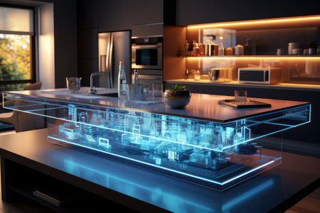 Modern kitchen with black and white counter and glass doors. Inside a smart kitchen with network connectivity that shines digital technology hologram.by Generative AIの素材