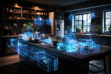 Modern kitchen with black and white counter and glass doors. Inside a smart kitchen with network connectivity that shines digital technology hologram.by Generative AIの素材