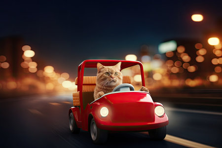 Funny cat drives a toy car in the city.by Generative AIの素材