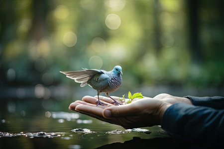 World environment and Earth Day go hand in hand. Globe. The dove of peace is flying above the earth. blurred nature background.by Generative AIの素材