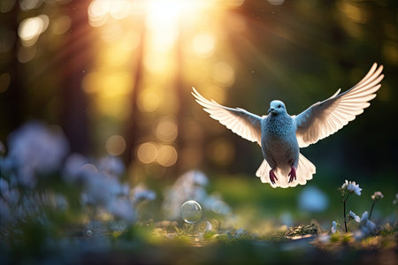 World environment and Earth Day go hand in hand. Globe. The dove of peace is flying above the earth. blurred nature background.by Generative AIの素材