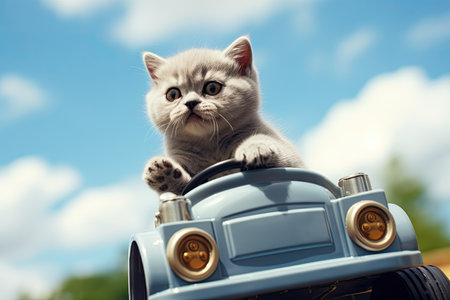 Funny cat drives a toy car in the city.by Generative AIの素材