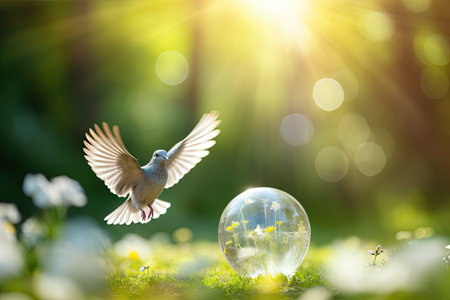 World environment and Earth Day go hand in hand. Globe. The dove of peace is flying above the earth. blurred nature background.by Generative AIの素材