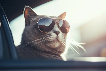 Funny cat drives a toy car in the city.by Generative AIの素材