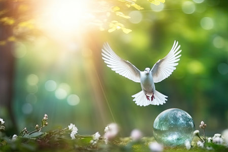 World environment and Earth Day go hand in hand. Globe. The dove of peace is flying above the earth. blurred nature background.by Generative AIの素材