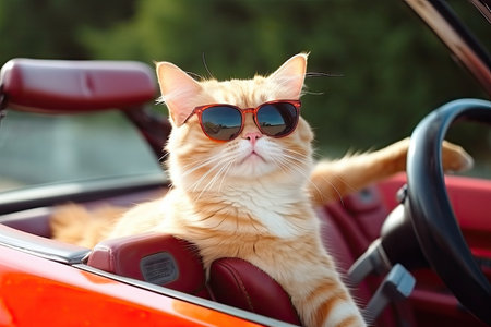 Funny cat drives a toy car in the city.by Generative AIの素材