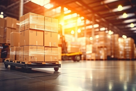 Blurred business background Blurry warehouse on soft bokeh background Transporting product boxes.by Generative AIの素材