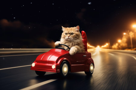 Funny cat drives a toy car in the city.by Generative AIの素材