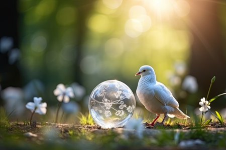World environment and Earth Day go hand in hand. Globe. The dove of peace is flying above the earth. blurred nature background.by Generative AIの素材
