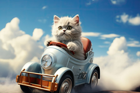 Funny cat drives a toy car in the city.by Generative AIの素材