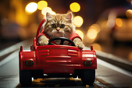 Funny cat drives a toy car in the city.by Generative AIの素材