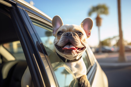 Cute dog sits in the back of the car ready for a holiday trip.by Generative AIの素材