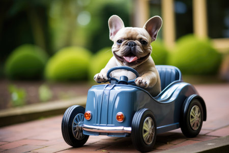 Cute dog sits in the back of the car ready for a holiday trip.by Generative AIの素材