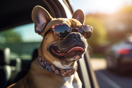 Cute dog sits in the back of the car ready for a holiday trip.by Generative AIの素材
