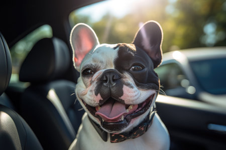 Cute dog sits in the back of the car ready for a holiday trip.by Generative AIの素材