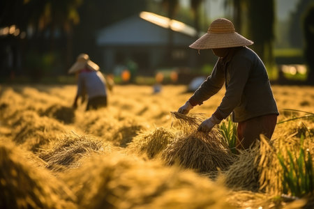 Asian farmer harvests in rice field, inspect and verifies agricultural innovation and cultivation concepts.by Generative AIの素材