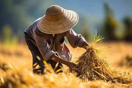 Asian farmer harvests in rice field, inspect and verifies agricultural innovation and cultivation concepts.by Generative AIの素材