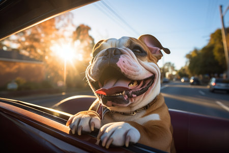 Cute dog sits in the back of the car ready for a holiday trip.by Generative AIの素材