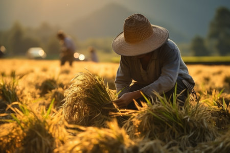 Asian farmer harvests in rice field, inspect and verifies agricultural innovation and cultivation concepts.by Generative AIの素材