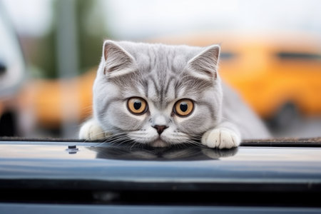 Funny cat drives a toy car in the city.by Generative AIの素材
