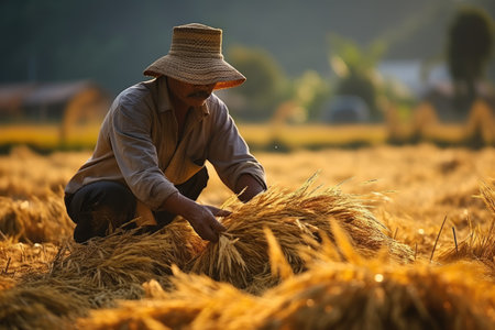 Asian farmer harvests in rice field, inspect and verifies agricultural innovation and cultivation concepts.by Generative AIの素材