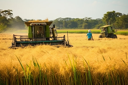 Asian farmer harvests in rice field, inspect and verifies agricultural innovation and cultivation concepts.by Generative AIの素材
