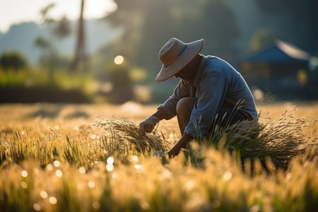 Photo for Asian farmer harvests in rice field, inspect and verifies agricultural innovation and cultivation concepts.by Generative AI - Royalty Free Image