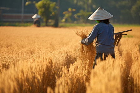 Asian farmer harvests in rice field, inspect and verifies agricultural innovation and cultivation concepts.by Generative AIの素材