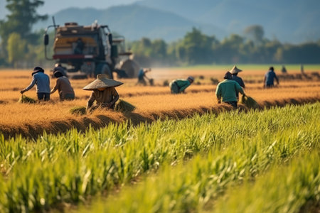 Asian farmer harvests in rice field, inspect and verifies agricultural innovation and cultivation concepts.by Generative AIの素材