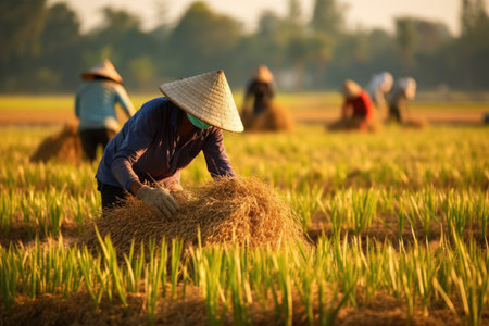 Asian farmer harvests in rice field, inspect and verifies agricultural innovation and cultivation concepts.by Generative AIの素材