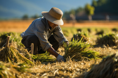 Asian farmer harvests in rice field, inspect and verifies agricultural innovation and cultivation concepts.by Generative AIの素材