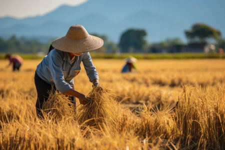 Asian farmer harvests in rice field, inspect and verifies agricultural innovation and cultivation concepts.by Generative AIの素材