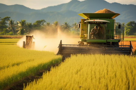 Asian farmer harvests in rice field, inspect and verifies agricultural innovation and cultivation concepts.by Generative AIの素材