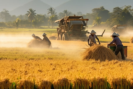 Asian farmer harvests in rice field, inspect and verifies agricultural innovation and cultivation concepts.by Generative AIの素材