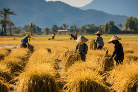 Asian farmer harvests in rice field, inspect and verifies agricultural innovation and cultivation concepts.by Generative AIの素材