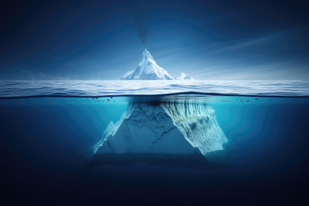 Overview of underwater risk posed by global warming Showing an iceberg It clumped together like a mountain reflecting on the surface of the water.by Generative AIの素材