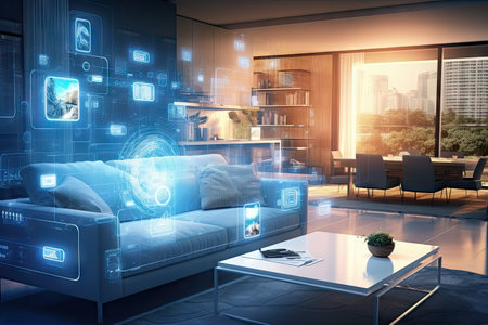 A concept art of a digital holographic artificial intelligence (ai) smart technology in a house and a flat. modern living room w virtual reality interface.by Generative AIの素材