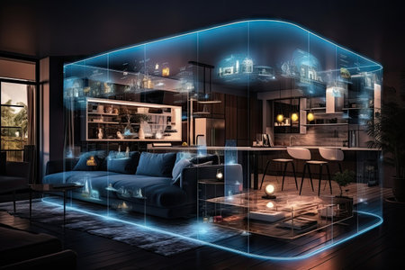 A concept art of a digital holographic artificial intelligence (ai) smart technology in a house and a flat. modern living room w virtual reality interface.by Generative AIの素材