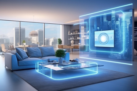 A concept art of a digital holographic artificial intelligence (ai) smart technology in a house and a flat. modern living room w virtual reality interface.by Generative AIの素材