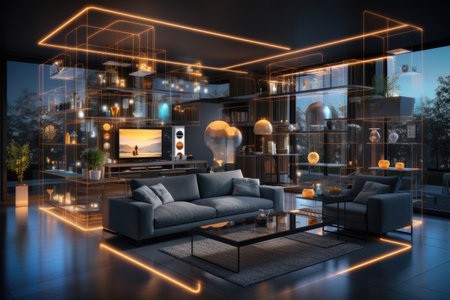 A concept art of a digital holographic artificial intelligence (ai) smart technology in a house and a flat. modern living room w virtual reality interface.by Generative AIの素材