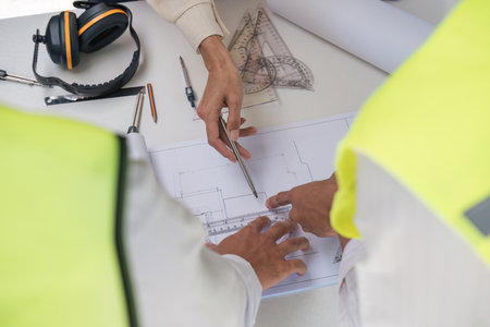 Civil engineer teams meeting working together wear worker helmets hardhat on construction site in...