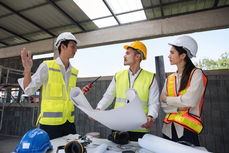 Civil engineering team meets to plan work on construction project in the construction area Foreman,...