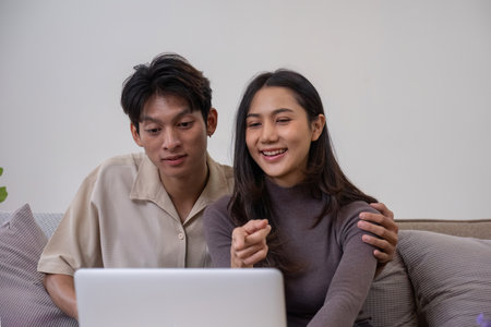 Asian couple watching movies on the internet using laptop at home Smiling Thai man and woman sitting...