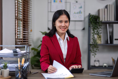 Happy business woman sitting and talking at work Job interview in front of laptop at home office