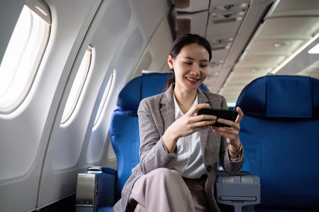 Young Asian woman checks business news on mobile phone, sitting near window in first class on...
